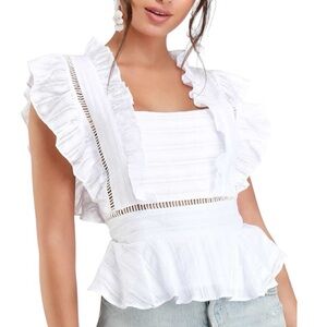NWT Honey Punch Belissa White Ruffled Square Neck Crochet Peplum Top - L